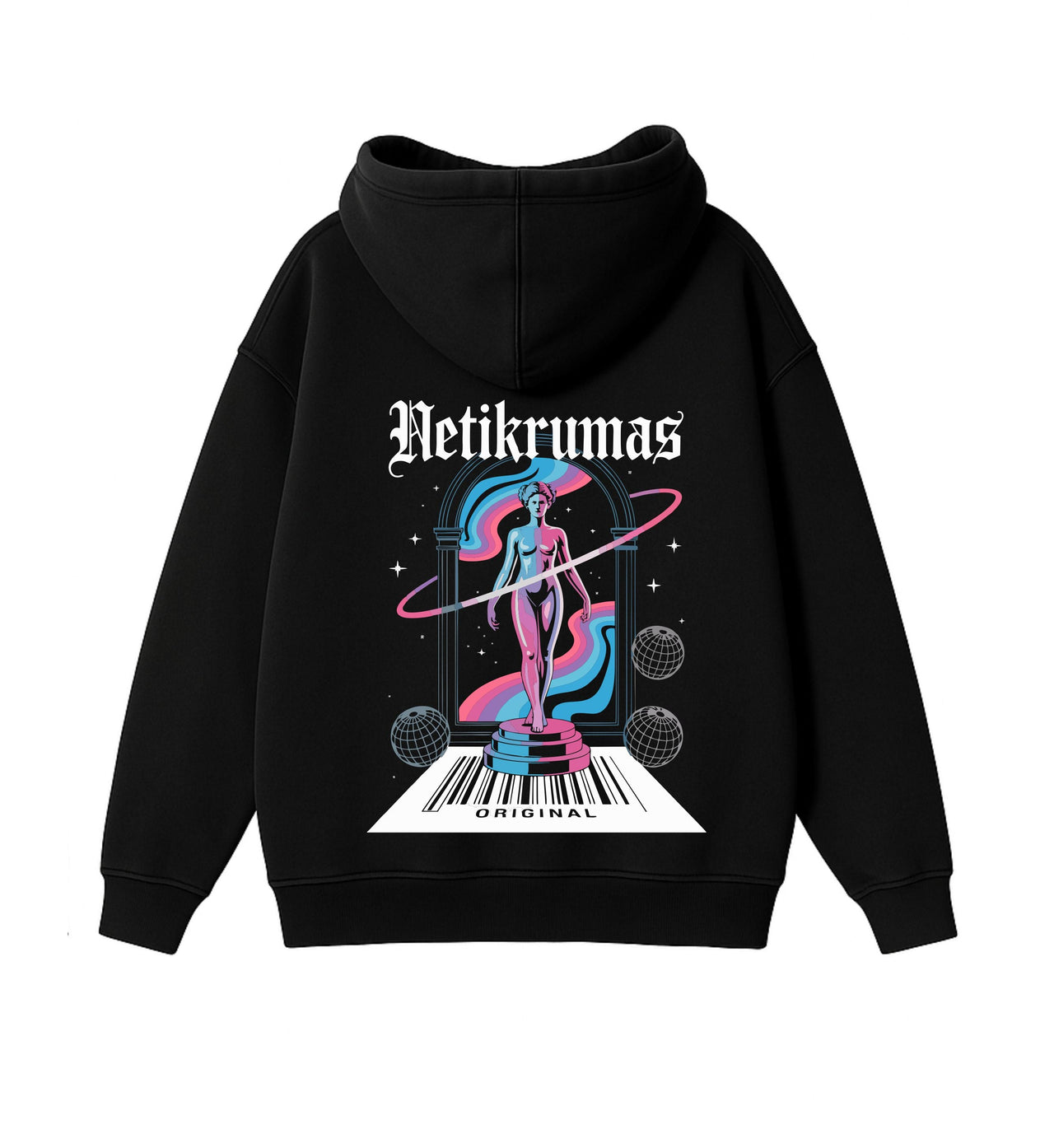 JUODAS OVERSIZED STOROS MEDŽIAGOS DŽEMPERIS "NETIKRUMAS"