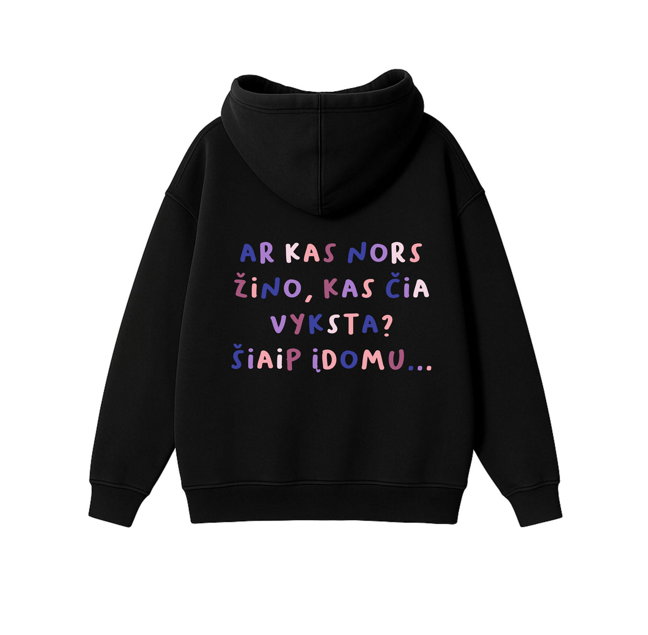 JUODAS OVERSIZED STOROS MEDŽIAGOS DŽEMPERIS "AR KAS NORS ŽINO?"