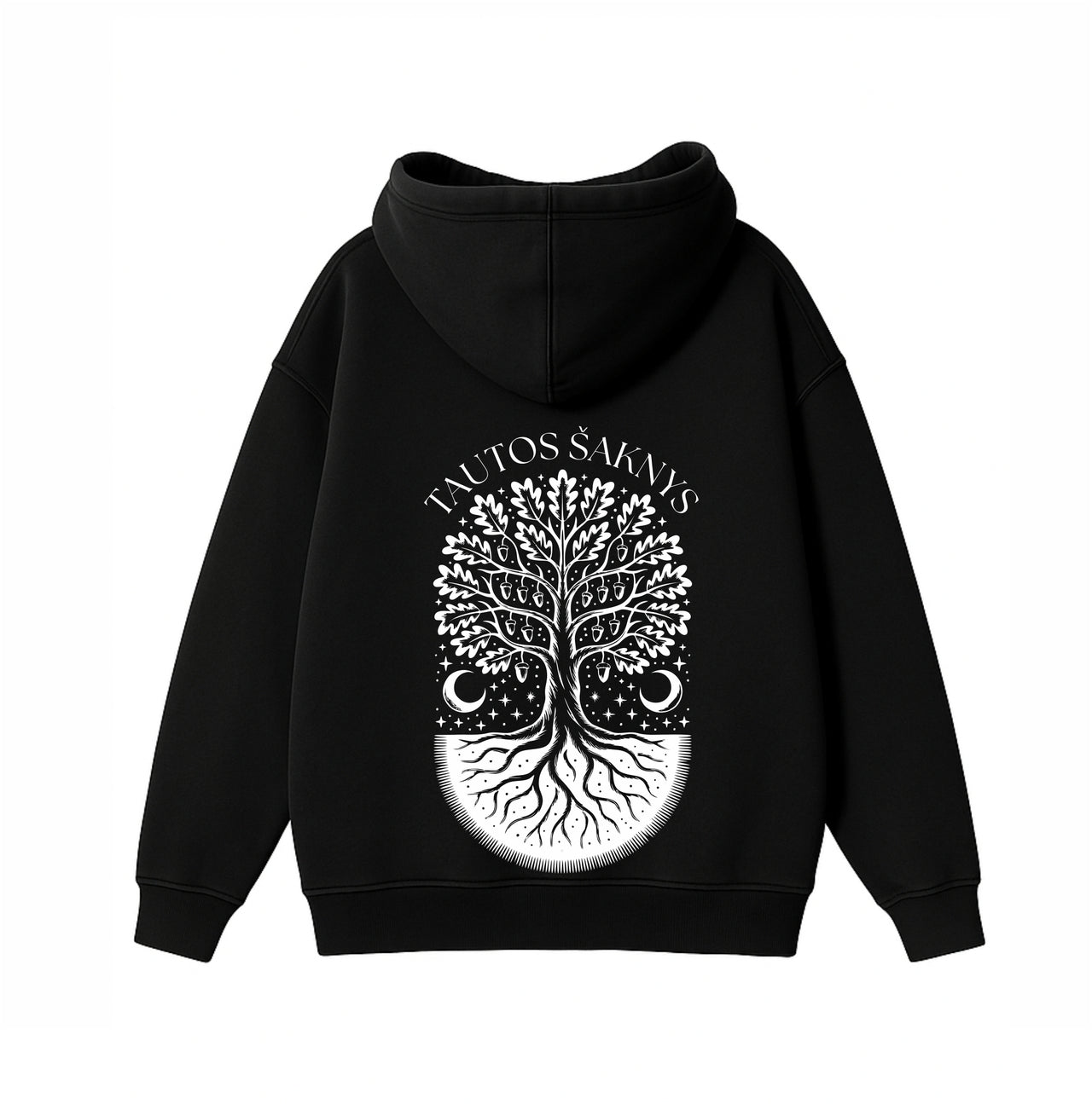 JUODAS OVERSIZED STOROS MEDŽIAGOS DŽEMPERIS "TAUTOS ŠAKNYSE STIPRYBĖ"